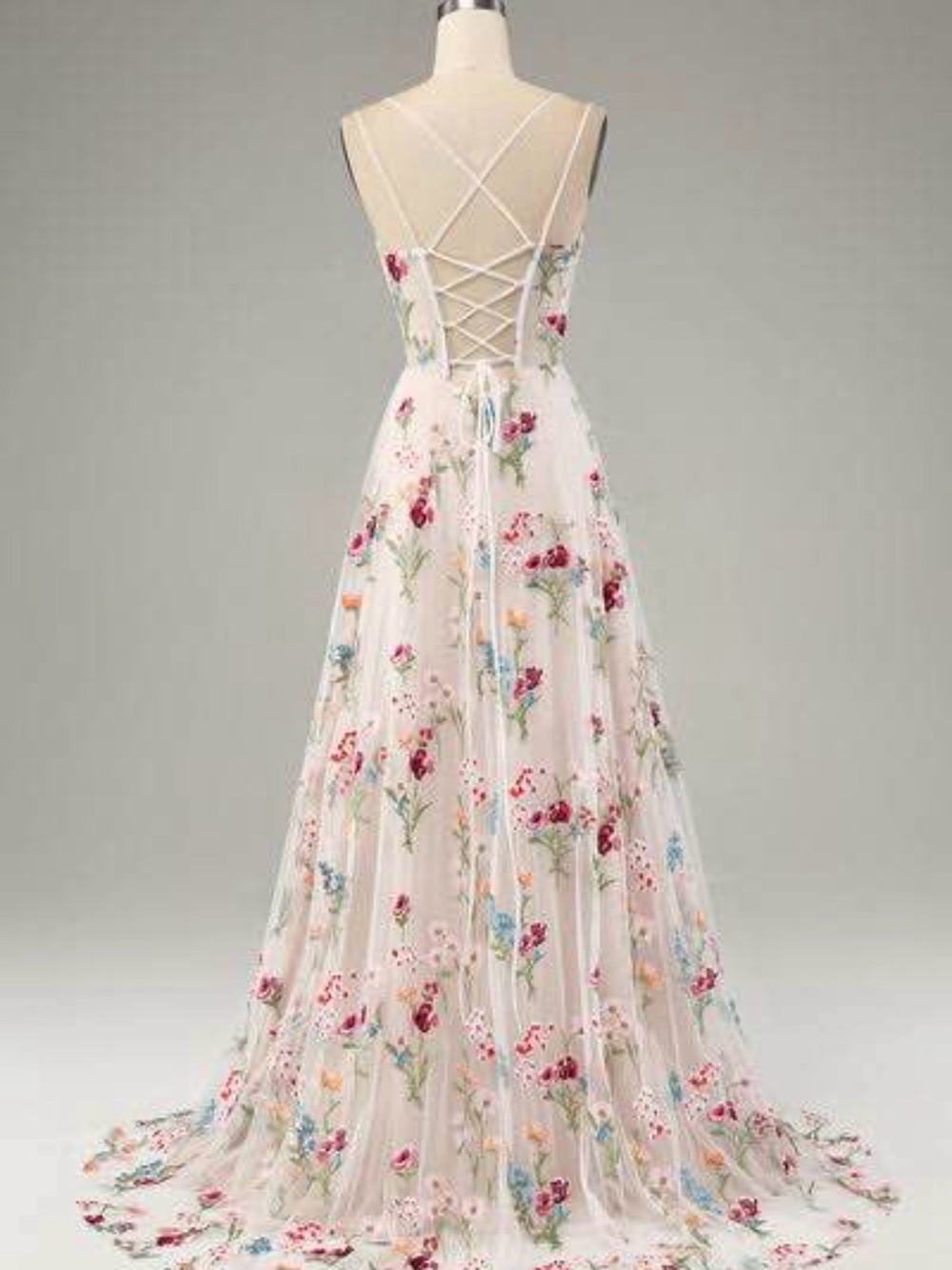 White Strapless Floral Embroidered Evening Gown - Picture 2 of 5